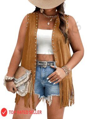 Faux Suede Fringe Vest Sleeveless Tassel Jacket Cowgirl Outfit